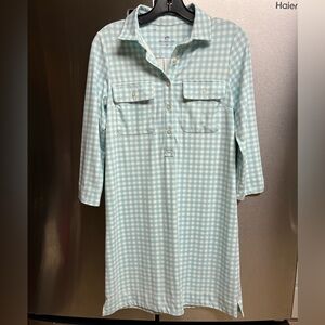 Jessica Gingham 3/4 Sleeve Performance Shift Shirt Dress sz XS Baltic teal